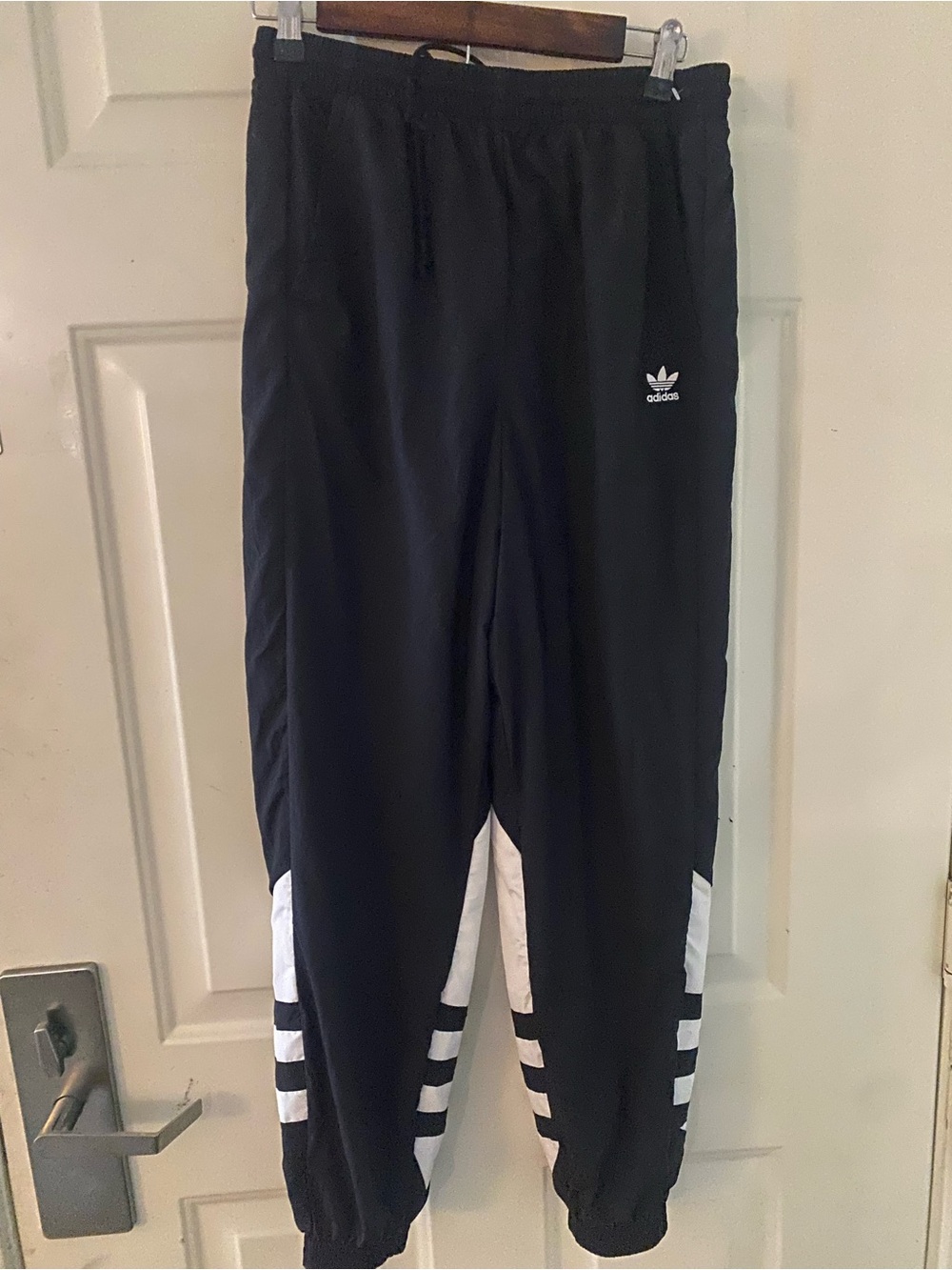 adidas Black windsuit pants with White Panel & Stripe Details